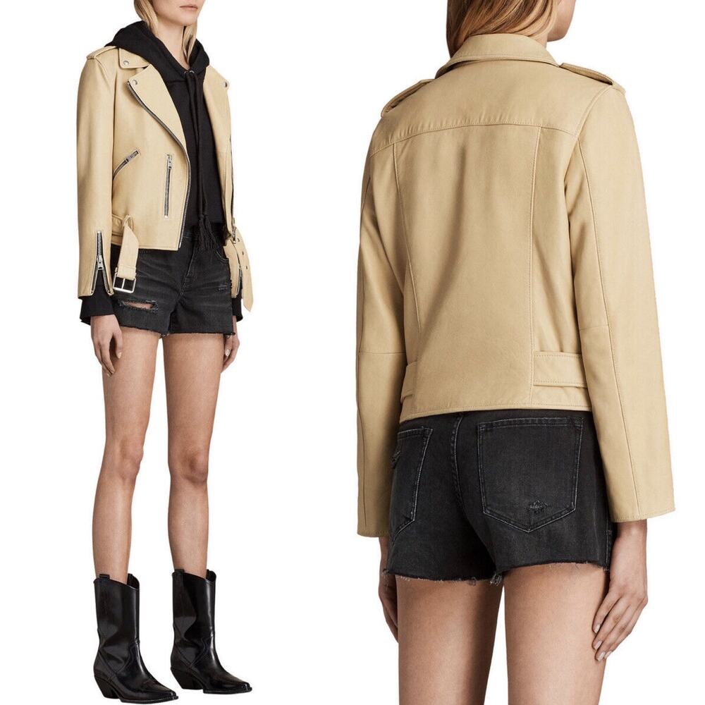 AllSaints Balfern Sheep Leather Pale Yellow Cropped Biker Moto Jacket US 0